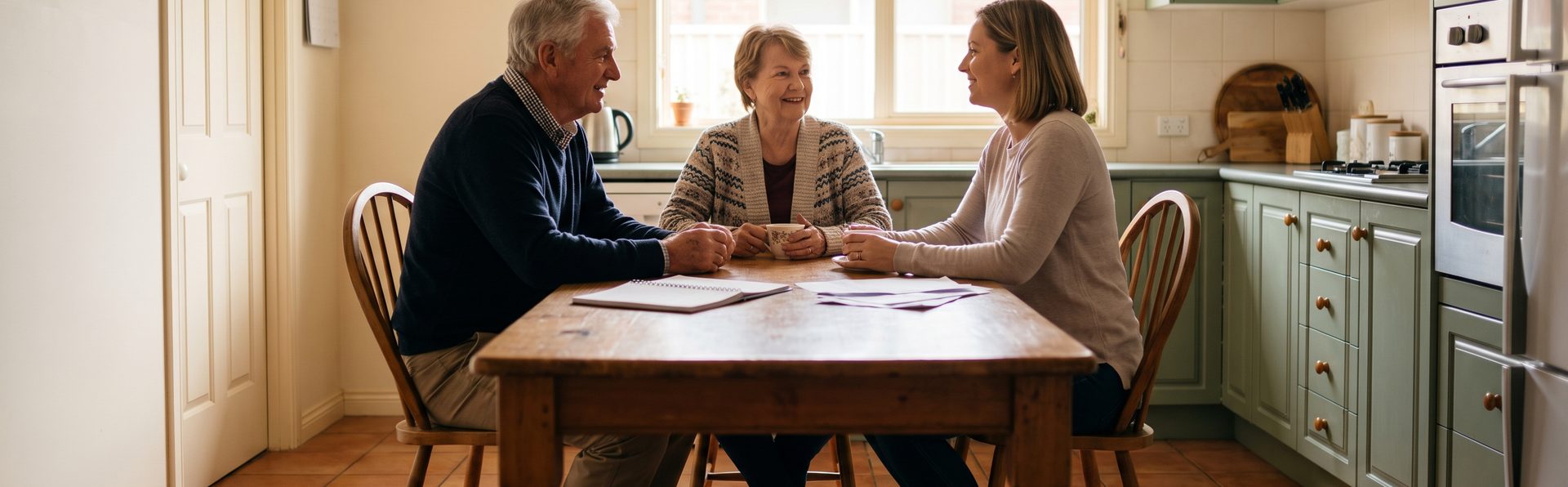 An older couple and their adult daughter making plans together at a sunlit kitchen table.